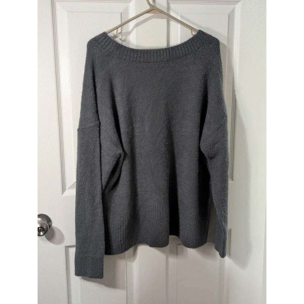 Another Love Gray Fuzzy V-Neck Long Sleeve Pullover Sweater Women's Size L